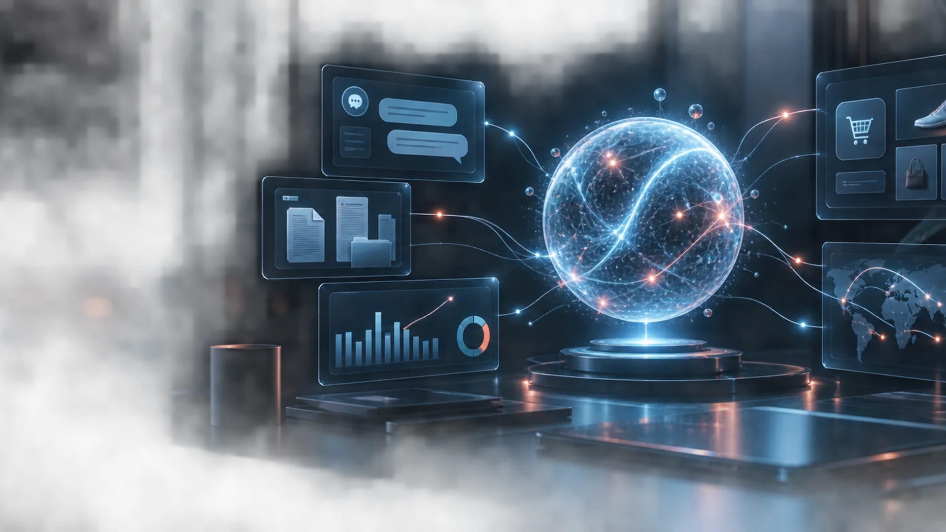 Connected AI operations linking support, documents, analytics and commerce